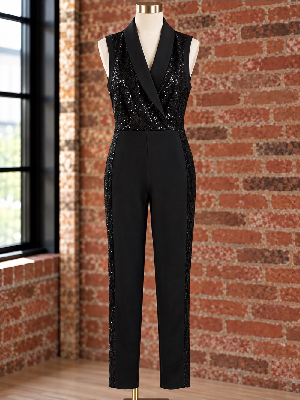 VENUS Black Sequin Tuxedo Jumpsuit Sleeveless Tailored Evening One-Piece
